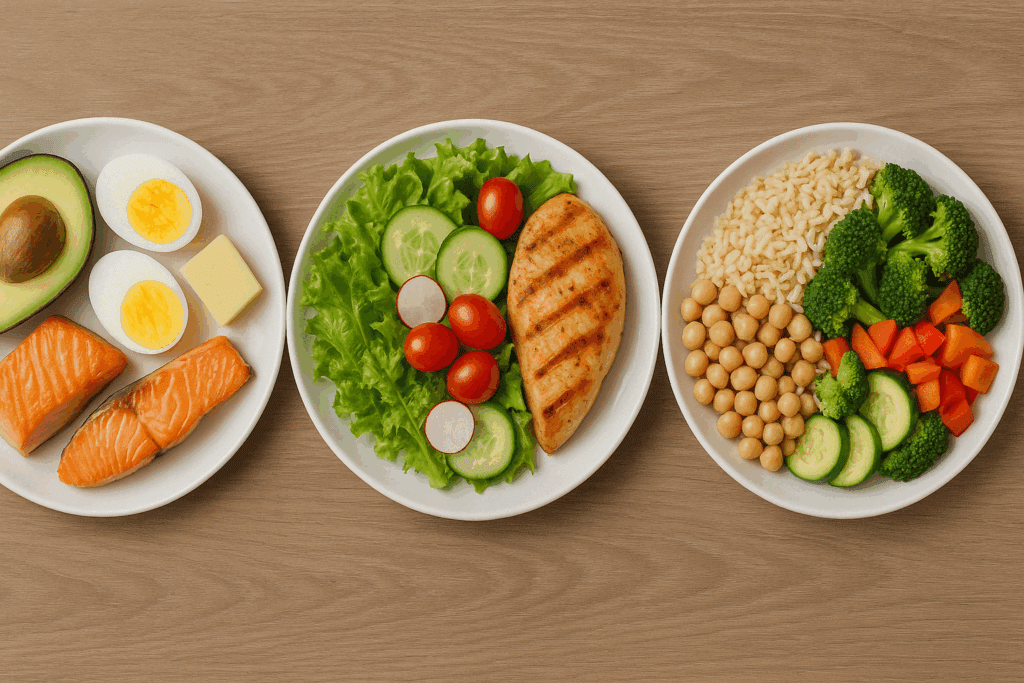 Vegetarian Diet Pros and Cons: Expert Insights into the Health Benefits and Potential Drawbacks of Going Plant-Based 4 Side-by-side plates of keto, low-carb, and vegetarian meals visually comparing popular diets in vegetarian diet pros and cons