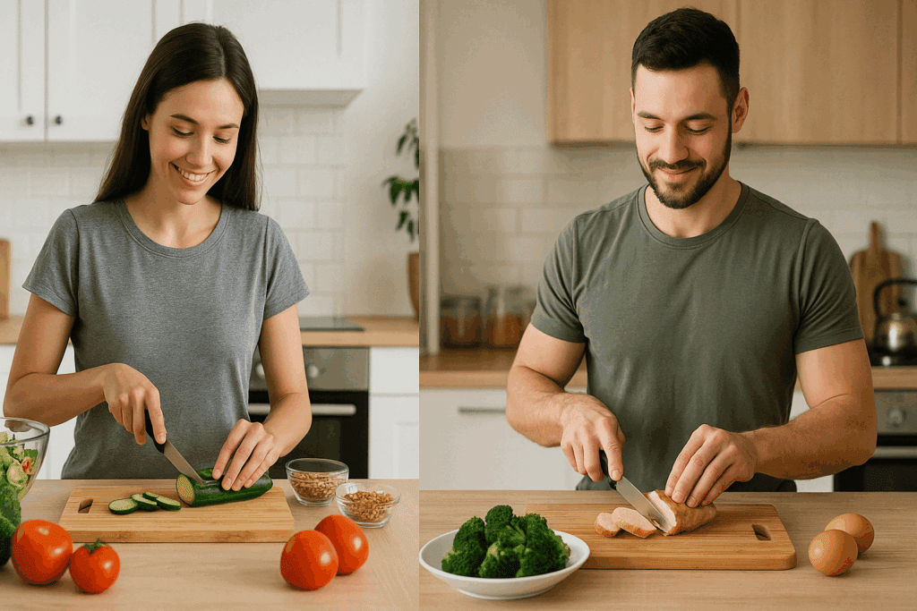 Vegetarian vs Non Vegetarian: What Science Says About Health, Nutrition, and Longevity 4 Two people meal prepping in kitchens, demonstrating practical weight management differences in vegetarian vs non vegetarian eating habits.