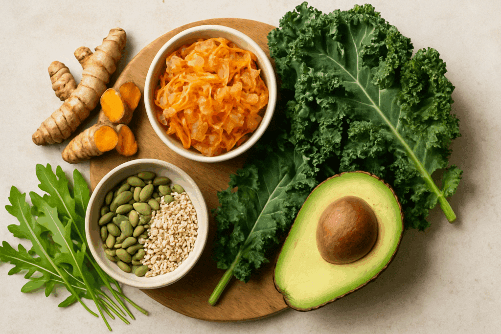 Smart and Fresh: How Healthy Salad Meal Delivery Is Transforming the Way We Eat for Wellness and Weight Loss 4 Functional superfoods like turmeric, arugula, and fermented veggies arranged for healthy salad meal delivery preparation