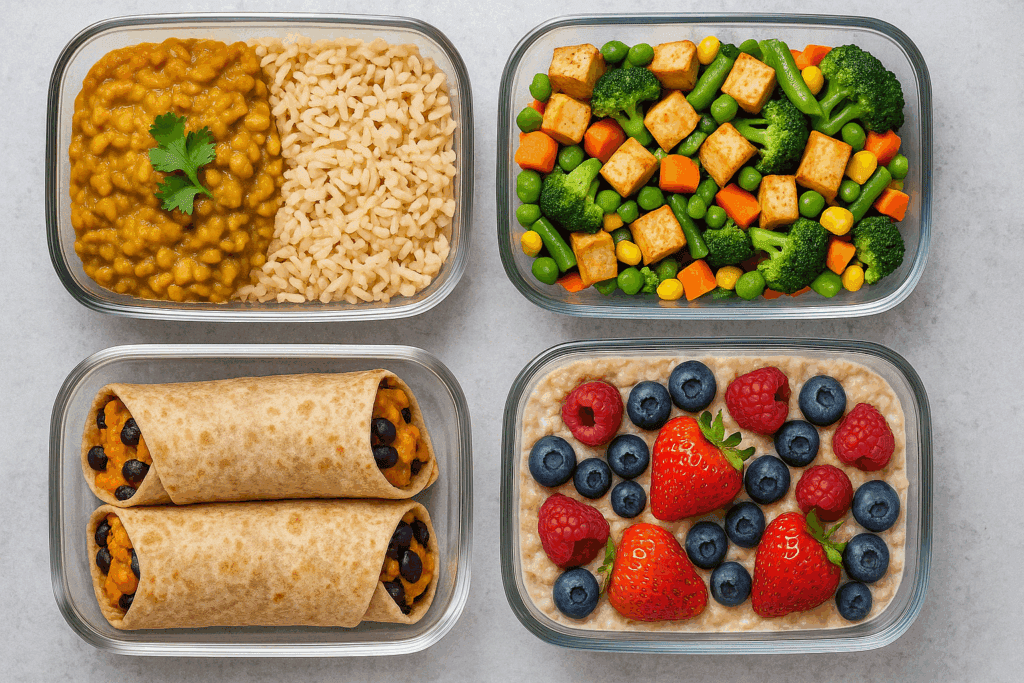 Smart and Simple: Healthy Inexpensive Meal Prep Ideas to Eat Well on a Budget 4 Four reusable containers filled with colorful healthy inexpensive meal prep options like curry, stir-fry, burritos, and oats