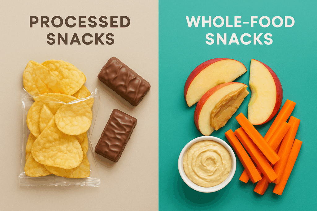 Cutting Back Eating the Smart Way: How to Reduce Calories Without Sacrificing Satisfaction or Health 4 Side-by-side snacks comparison showing processed vs. whole-food options for cutting back eating strategically