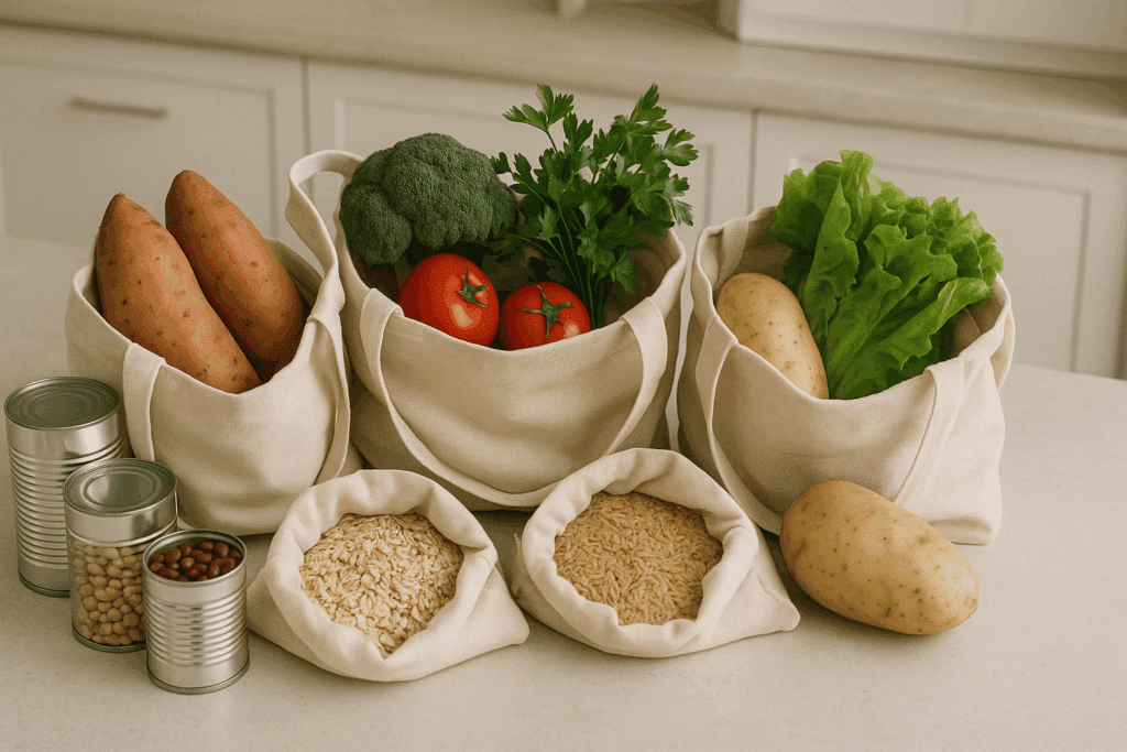 Easy Weekly Meal Plans to Simplify Healthy Eating and Support a Mindful Lifestyle 4 Reusable shopping bags filled with whole food staples used for building cost-effective easy weekly meal plans.