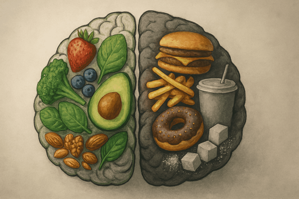 Plant Based Diet vs Standard American Diet: What the Latest Studies Reveal About Long-Term Health Outcomes 5 Split-brain concept with plant foods and processed foods symbolizing brain health effects in plant based diet vs Standard American Diet