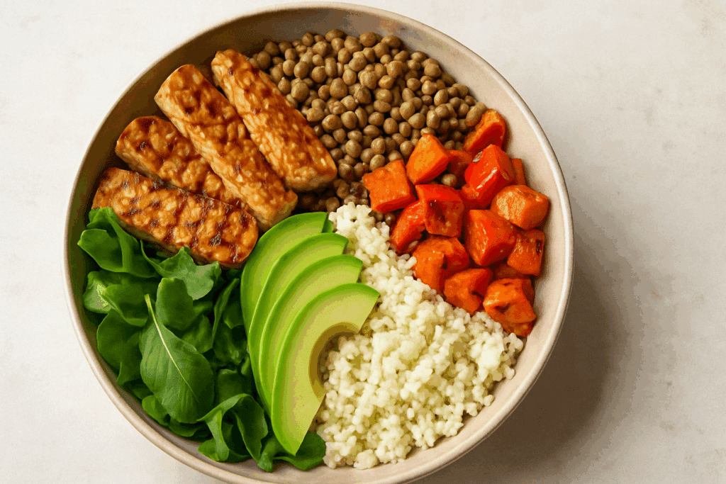 Best Low Calorie High Protein Foods for Weight Loss: What to Eat for Fullness and Results 4 Colorful plant-based meal bowl with tempeh, lentils, and greens representing the best low calorie high protein foods for weight loss