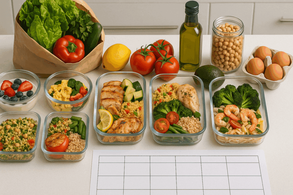 Healthy Mediterranean Meal Ideas Backed by Science: Expert Tips and a 7-Day Mediterranean Diet Plan for Weight Loss and Wellness 5 Build-your-own plate concept with grains, legumes, veggies, and herbs highlighting flexible healthy Mediterranean meal ideas