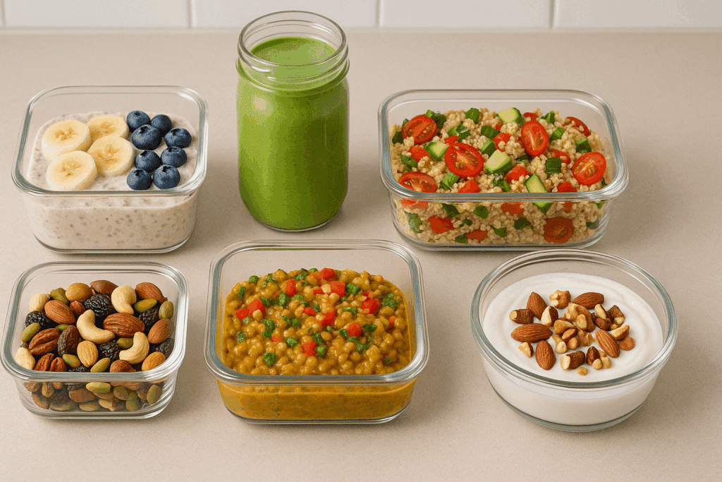 Vegan Athlete Diet Meal Plan for Peak Performance and Recovery 5 Six colorful vegan meals prepped for athletes following a structured vegan athlete diet meal plan.