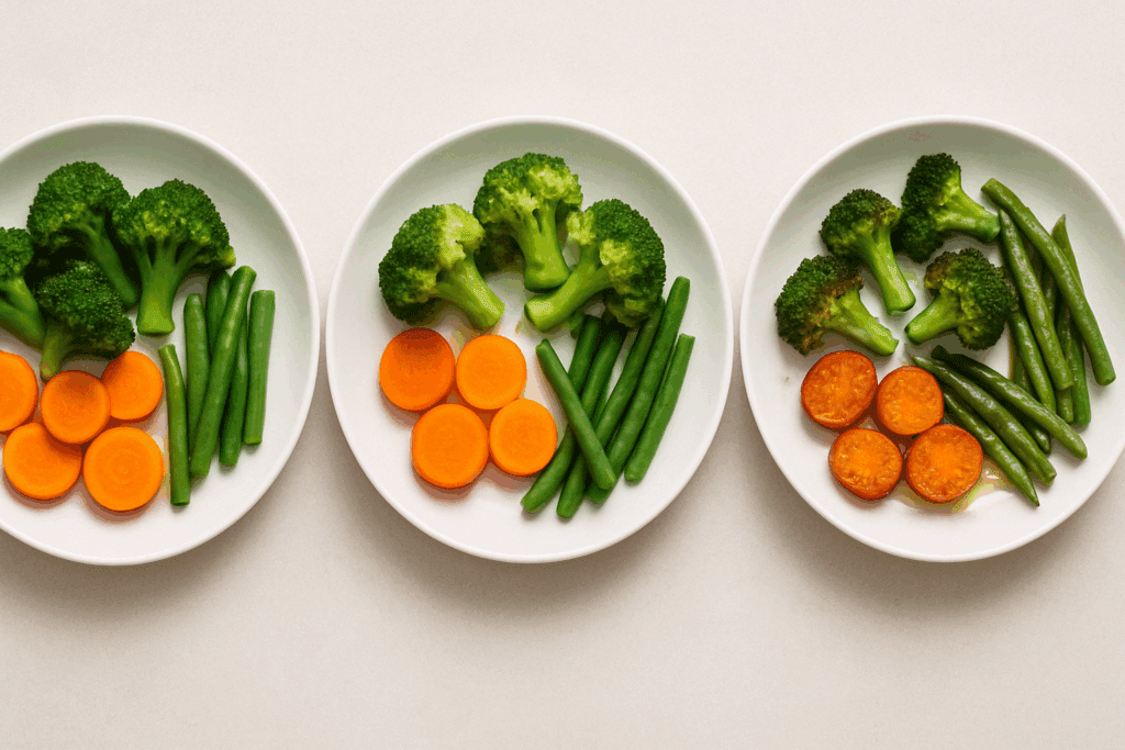 Can Vegetables Make You Fat? What Science Says About Veggies, Calories, and Weight Gain 5 "Comparison of raw, steamed, and oil-roasted vegetables, demonstrating how cooking methods impact the caloric density of vegetables and addressing the question, 'can vegetables make you fat' based on preparation