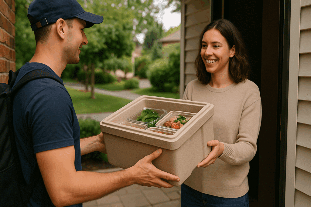 Mediterranean Made Easy: Best Prepared Mediterranean Meals and Meal Kits for a Healthier Lifestyle 5 Smiling person receiving an insulated box from the best Mediterranean prepared meal delivery company at their doorstep.