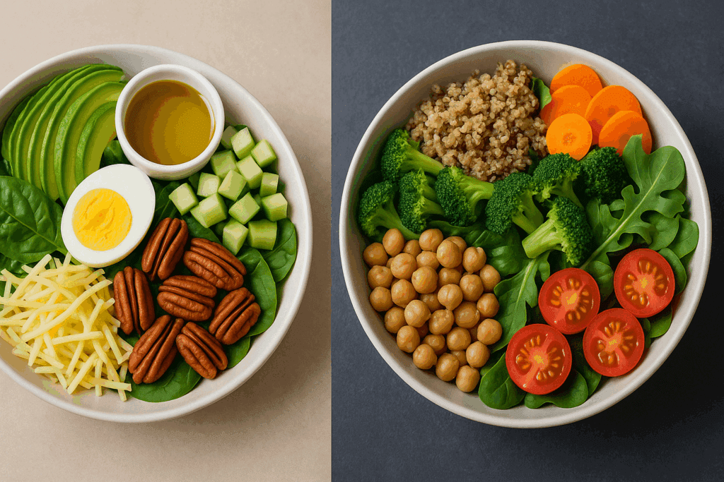 Smart and Fresh: How Healthy Salad Meal Delivery Is Transforming the Way We Eat for Wellness and Weight Loss 5 Side-by-side keto and low-carb salads from a healthy salad meal delivery showing different ingredient combinations