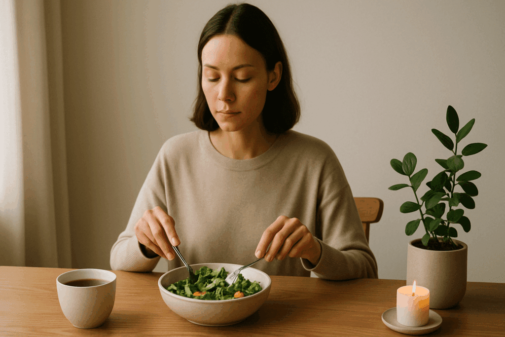 Clean Eating Meal Plan for Real Results: Weekly Strategies for a Healthier Lifestyle 5 Person practicing mindful eating with a clean eating meal plan dish at a minimalist, peaceful dining table
