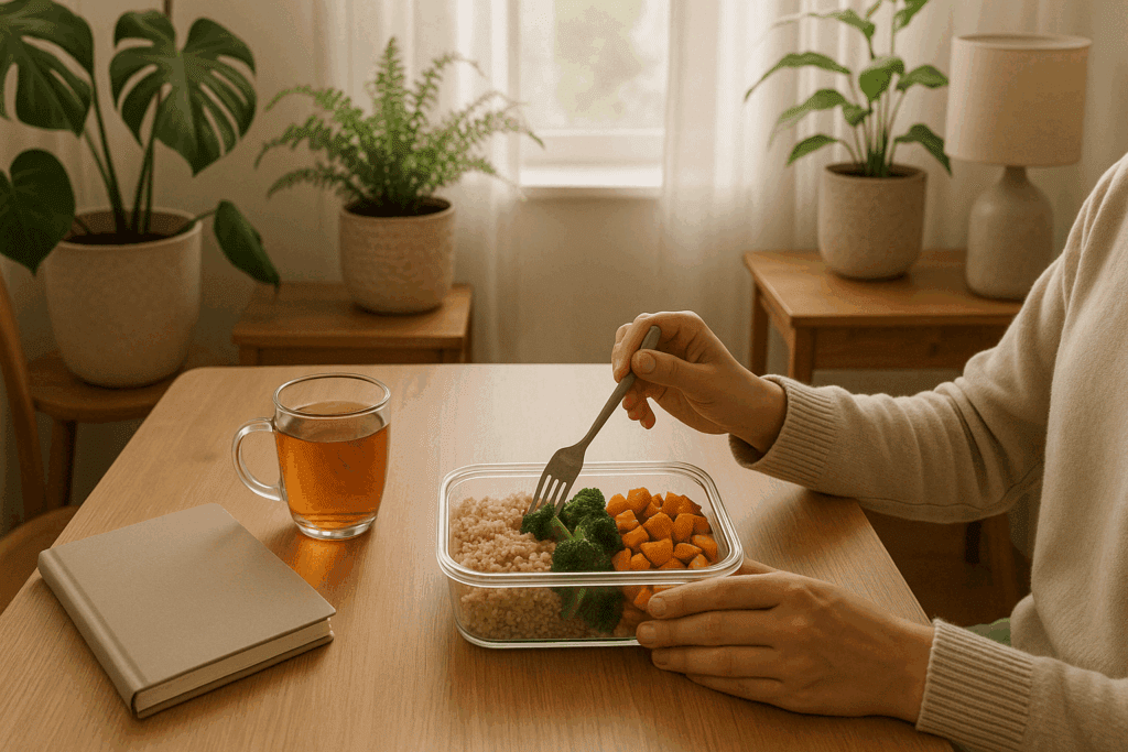 Easy Weekly Meal Plans to Simplify Healthy Eating and Support a Mindful Lifestyle 5 Person eating a prepped meal in a peaceful kitchen, highlighting the mental wellness benefits of easy weekly meal plans.
