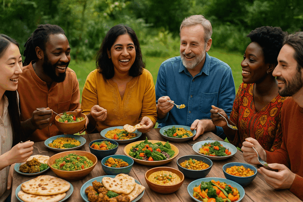 A Doctor’s Guide to the Most Common Diets: What the Top Diet Name List Reveals About Plant-Based Health 4 Culturally diverse group enjoying plant-based dishes, reflecting ethical motivations behind choices on the diet name list