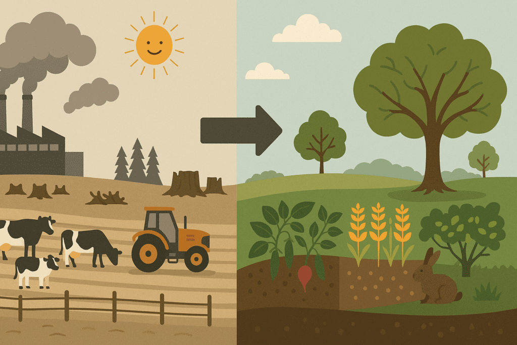 Plant Based Diet vs Standard American Diet: What the Latest Studies Reveal About Long-Term Health Outcomes 6 Side-by-side environmental impact comparison of plant agriculture vs industrial meat, visualizing plant based diet vs Standard American Diet sustainability