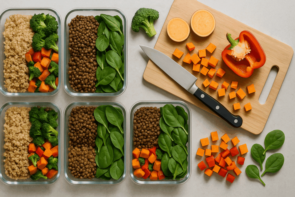 What I Ate Every Day to Lose Weight: A Whole-Food, Plant-Based Approach Backed by Science 6 "Flat lay of portion-controlled meals with balanced macros illustrating What I Ate Every Day to Lose Weight."