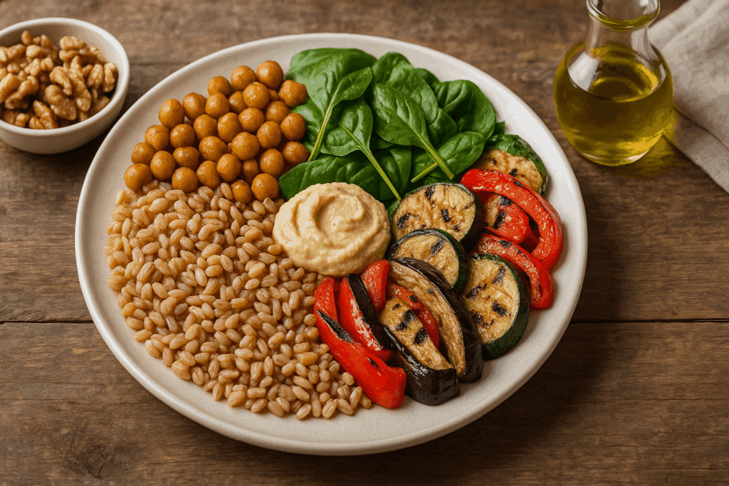 How to Start a Mediterranean Diet: A Heart-Healthy, Plant-Forward Guide to Long-Term Wellness 6 Vegetarian Mediterranean meal with farro, chickpeas, hummus, and vegetables as an example of how to start a Mediterranean diet without fish