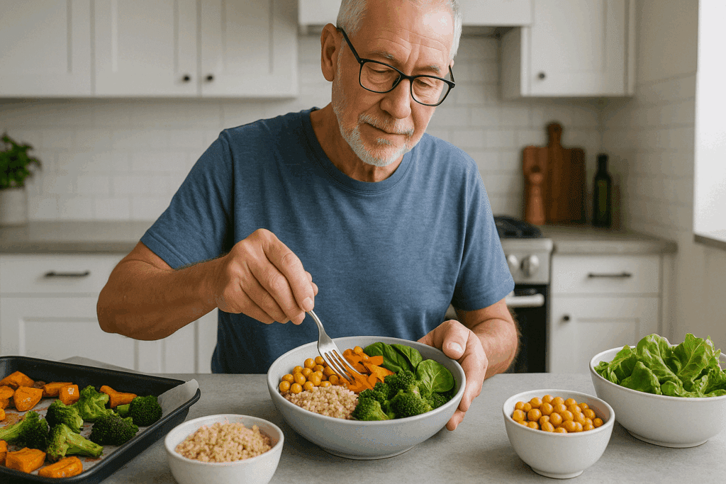 Best Plant-Based Eating Habits for a Healthy Diet in Senior Vegetarian Men: How a Veggie-Heavy Diet Supports Aging Well 6 Senior man preparing colorful plant-based bowl supporting the Best Plant-Based Eating Habits for a Healthy Diet in Senior Vegetarian Men