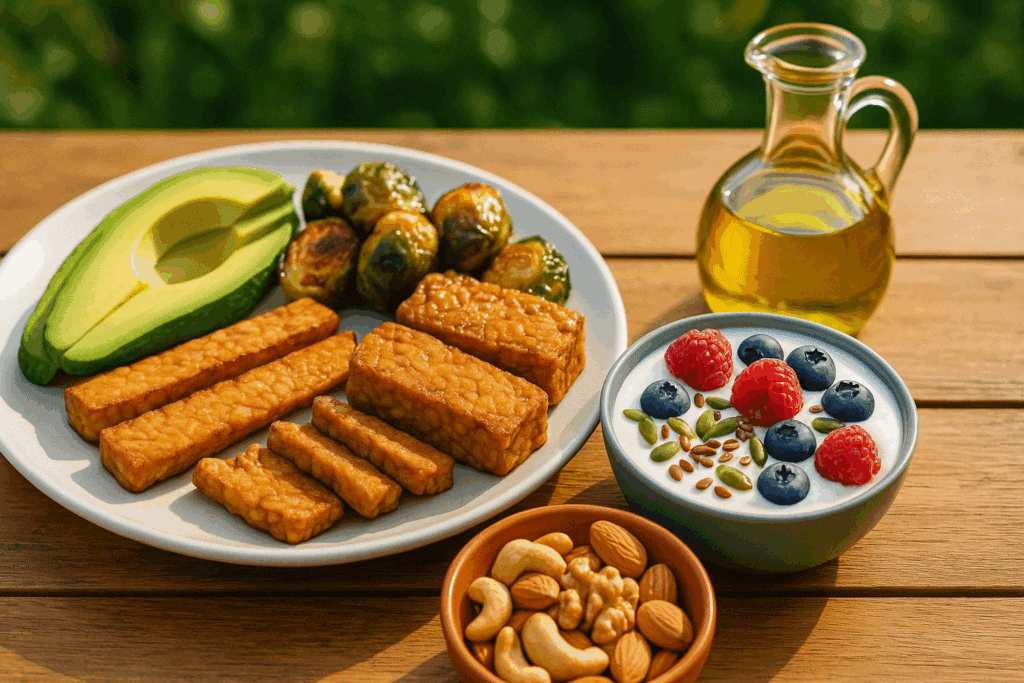 How to Build a High Fat Diet Menu for Better Health: What Science Says About a Balanced Fat Diet Plan 5 Plant-based high fat diet menu with roasted vegetables, avocado, and walnut oil served outdoors.