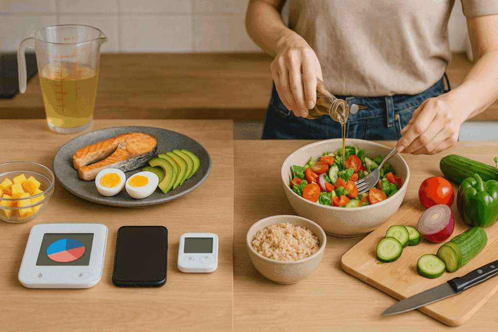 How a Low Glycemic Mediterranean Diet May Help Reduce Insulin Resistance: What the Science SaysKeto Diet vs Low Carb Diet: What Science Says About the Differences, Benefits, and Whether Keto Is a Good Diet for Long-Term Health 6 Real-world kitchen scene with someone choosing ingredients for either the keto diet vs low carb diet, emphasizing sustainability and variety.