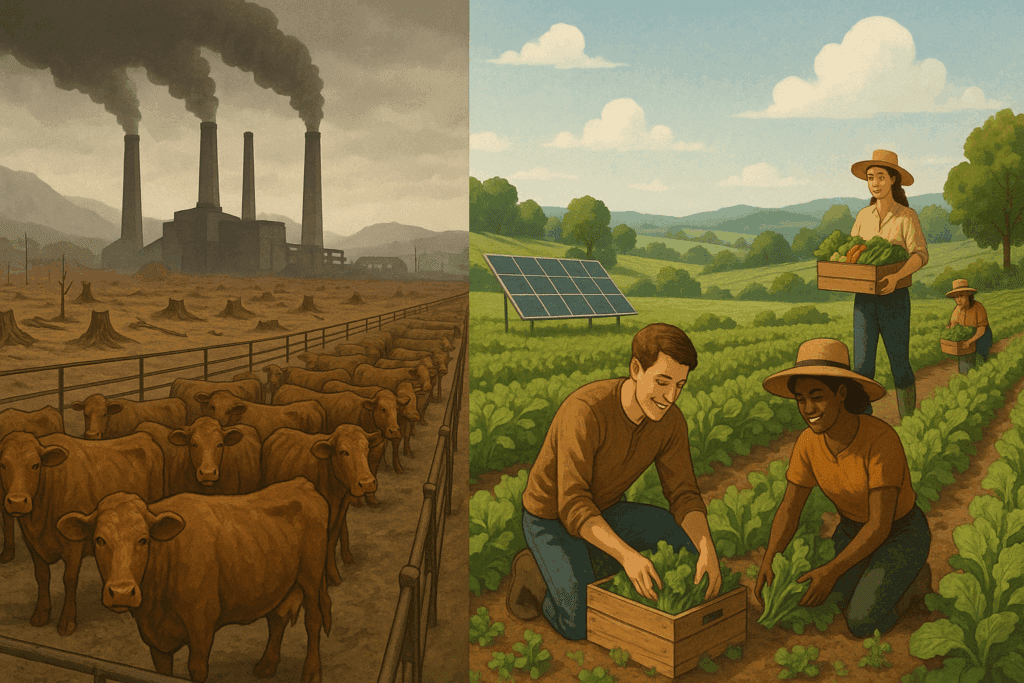 Vegetarian Diet Pros and Cons: Expert Insights into the Health Benefits and Potential Drawbacks of Going Plant-Based 5 Juxtaposed scenes of factory farming and sustainable vegetable agriculture illustrating ethical aspects of vegetarian diet pros and cons