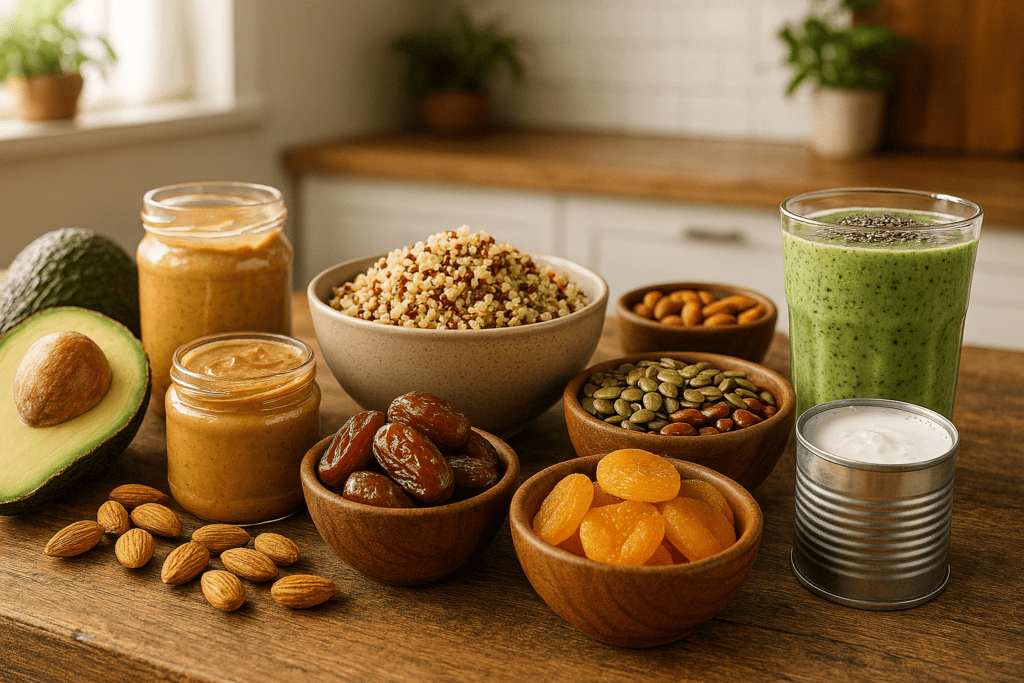 High Calorie Foods for Weight Loss: How Plant-Based Choices Can Help You Gain Healthfully 7 "Group of friends sharing high calorie foods for weight loss at an outdoor plant-based meal filled with colorful whole foods"