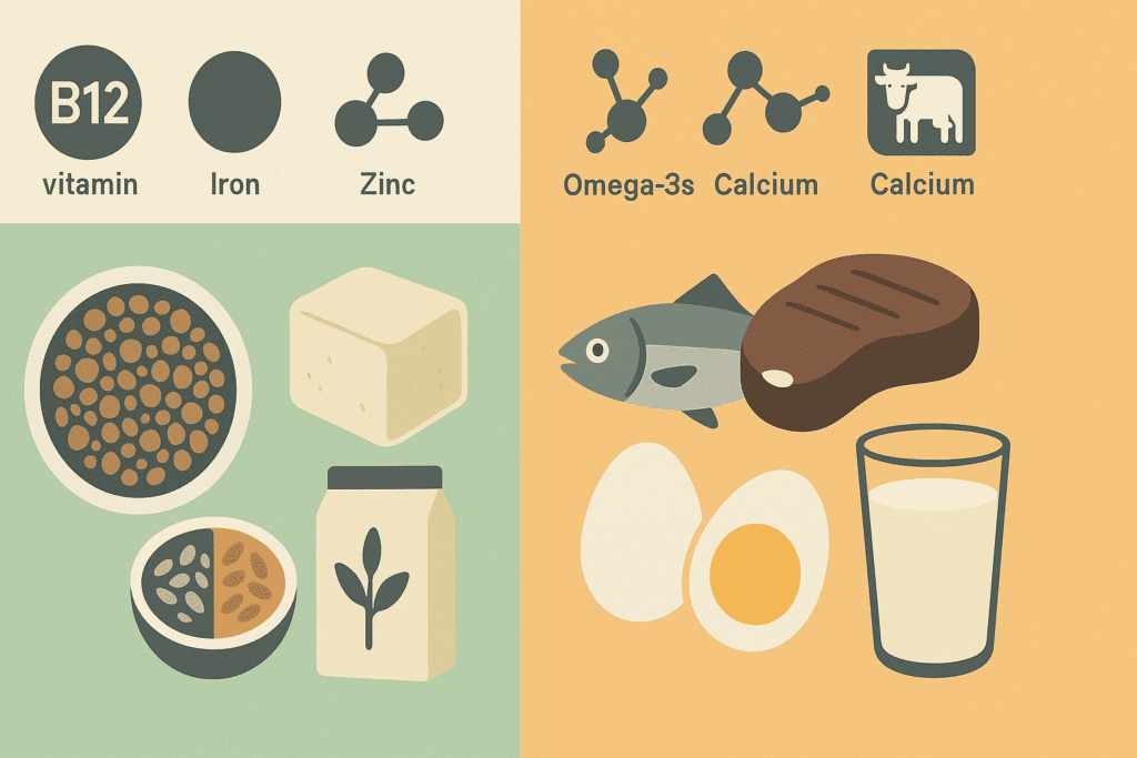 Vegetarian vs Non Vegetarian: What Science Says About Health, Nutrition, and Longevity 6 Visual infographic comparing essential nutrient sources in vegetarian vs non vegetarian diets, including protein, B12, and iron.