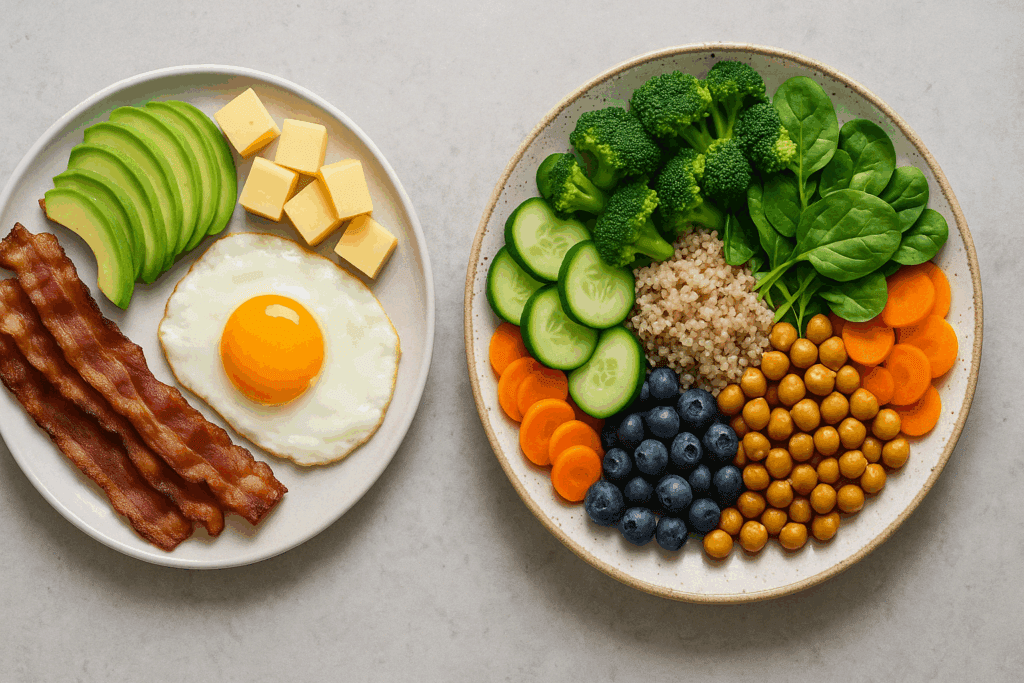 How to Eat Fewer Calories Without Feeling Hungry: What to Eat for a Calorie Deficit to Lose Weight Safely 6 "Side-by-side comparison of keto vs. plant-based meals, showcasing what to eat for a calorie deficit to lose weight in a sustainable way."