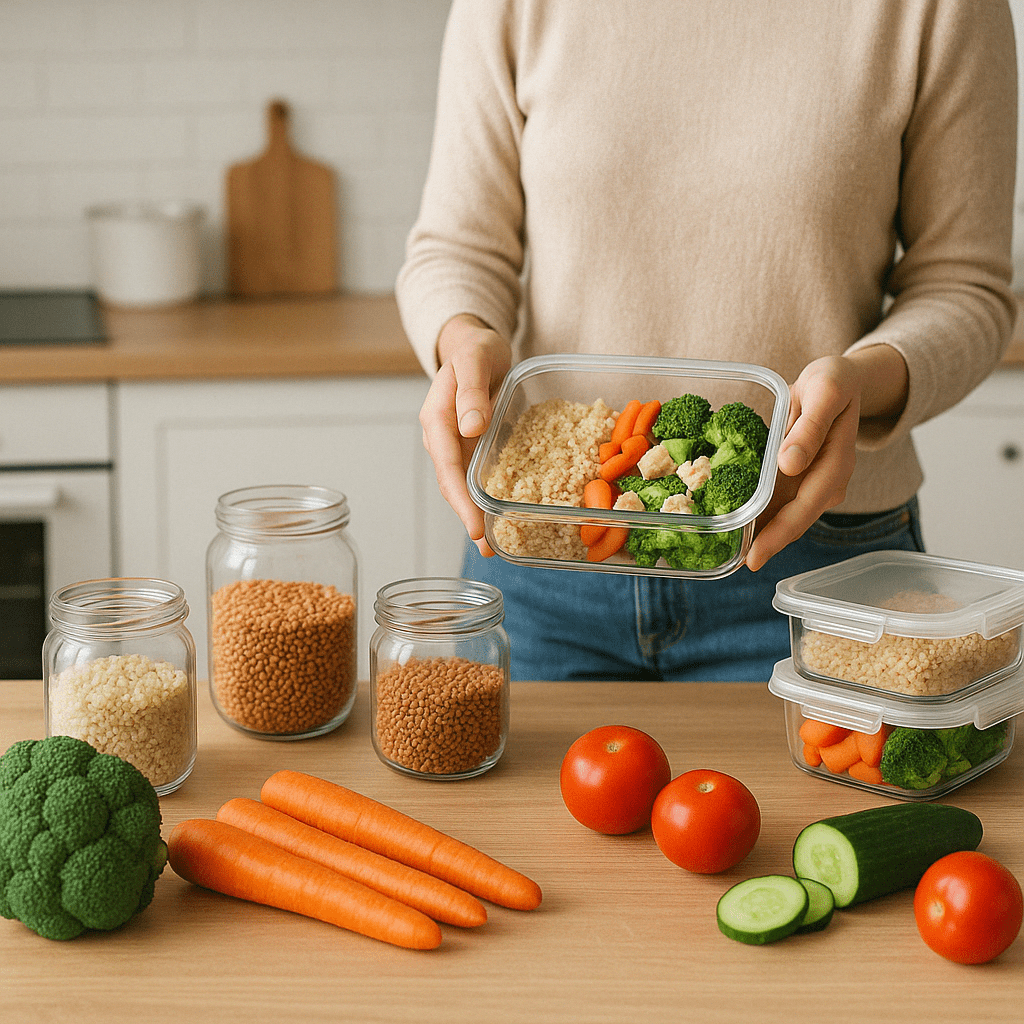 Smart Meal Prep for Weight Loss: Expert-Approved Lunch Ideas and Recipes to Stay on Track 6 "Affordable meal prep ingredients like oats, sweet potatoes, and lentils arranged on a kitchen counter, emphasizing budget-friendly meal prep for weight loss."