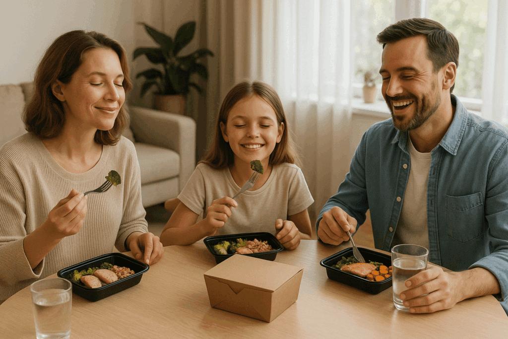 Are Meal Delivery Services Worth It? How the Best Prepared Food Delivery Options Support a Healthier, Stress-Free Lifestyle 6 "Family enjoying a meal delivered to their home, highlighting the stress-reduction and lifestyle transformation benefits of meal delivery services—are meal delivery services worth it?"