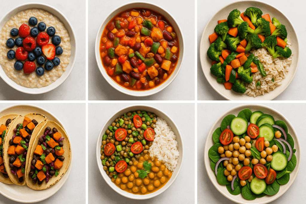 Clean Eating Meal Plan for Real Results: Weekly Strategies for a Healthier Lifestyle 6 Seven visually distinct meals arranged in a grid to represent a balanced one-week clean eating meal plan