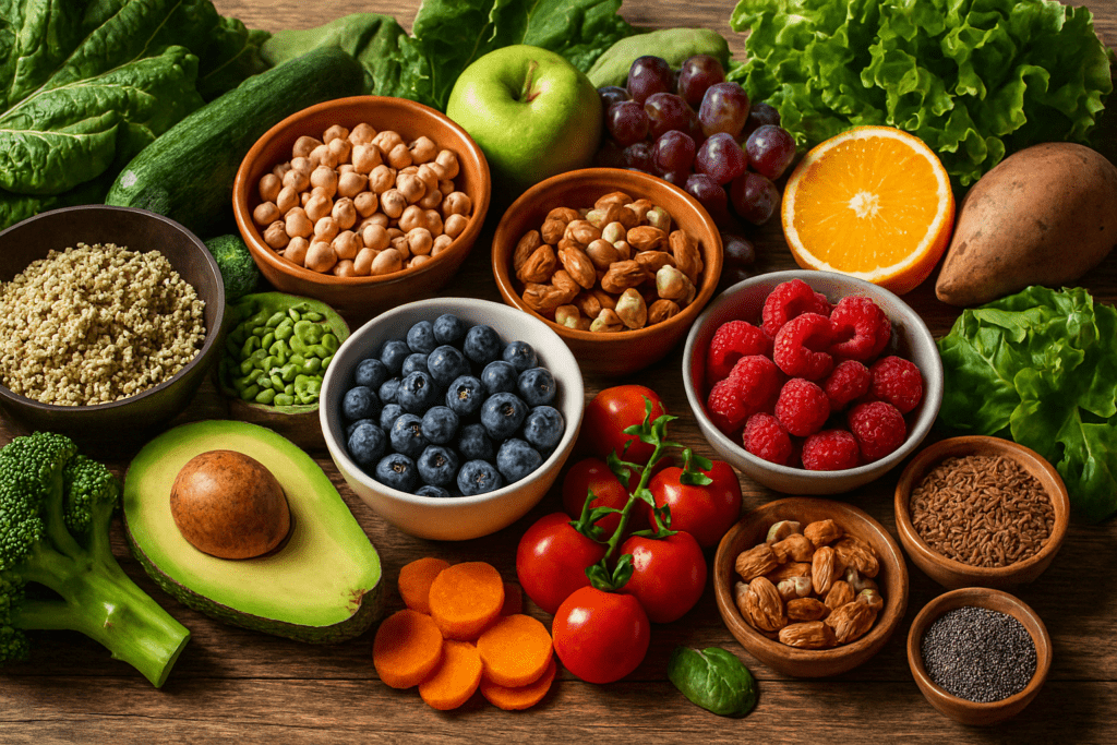 Best Healthy Foods to Eat Every Day for Better Nutrition and Lasting Energy 8 Colorful spread of the best healthy foods to eat every day, including leafy greens, berries, whole grains, legumes, nuts, and avocados on a rustic table