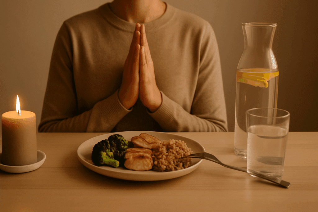 What to Eat While Cutting: Science-Backed Meal Plans to Support Fat Loss and a Healthier Lifestyle 6 Peaceful table setup with a balanced meal and water emphasizing mindful habits and what to eat while cutting