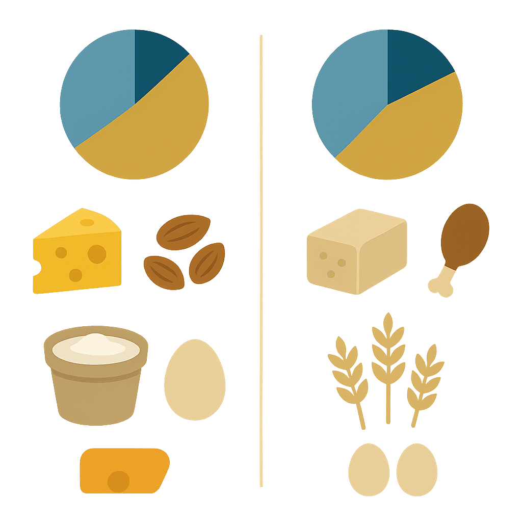 Smart and Simple: Easy High Protein Meals for Muscle Gain Backed by Nutrition Science 6 Infographic-style image comparing keto and low carb macronutrient ratios related to easy high protein meals for muscle gain