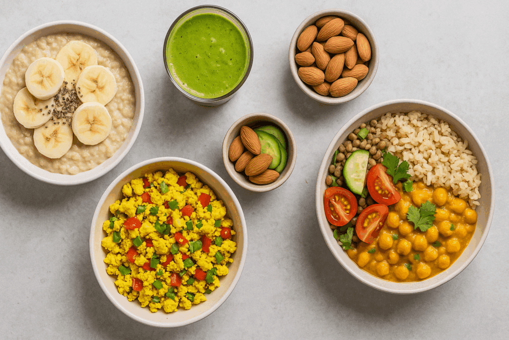 Smart Weight Loss Starts with the Right Male Nutrition Plan: Expert-Backed Healthy Meal Plans for Men to Shed Fat Safely 6 Flat lay of full day plant-based meals designed to support a nutrient-dense male nutrition plan