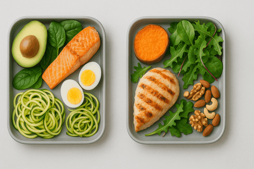 Simple Meal Preparation Strategies That Actually Work: The Best Meal Prep Plans for Busy, Health-Conscious Eaters 6 Low-carb and keto-friendly foods laid out for simple meal preparation, including avocado, leafy greens, and grilled salmon.