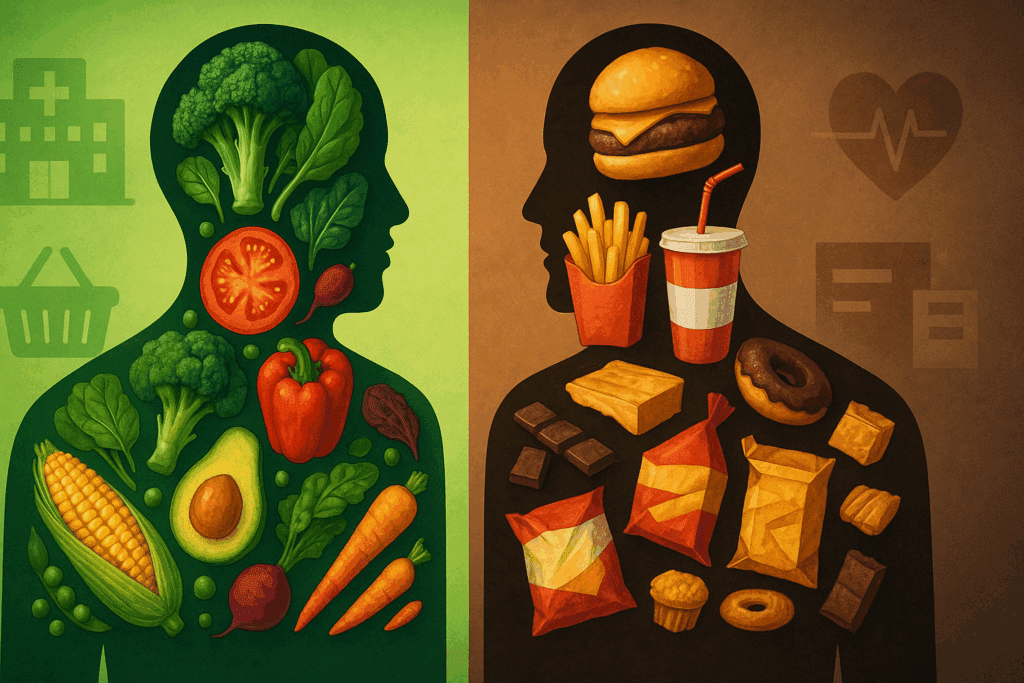 A Doctor’s Guide to the Most Common Diets: What the Top Diet Name List Reveals About Plant-Based Health 5 Split-image showing healthy vs. processed food impacts on the body, inspired by insights from the diet name list