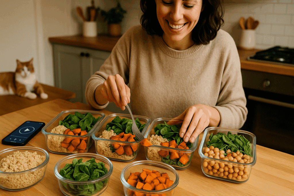 Smart & Satisfying: Healthy Make Ahead Lunches for Work That Support Energy, Focus, and Wellness All Week 6 Overhead view of organized healthy make ahead lunches for work in containers, ready for storage in a weekly meal prep session.