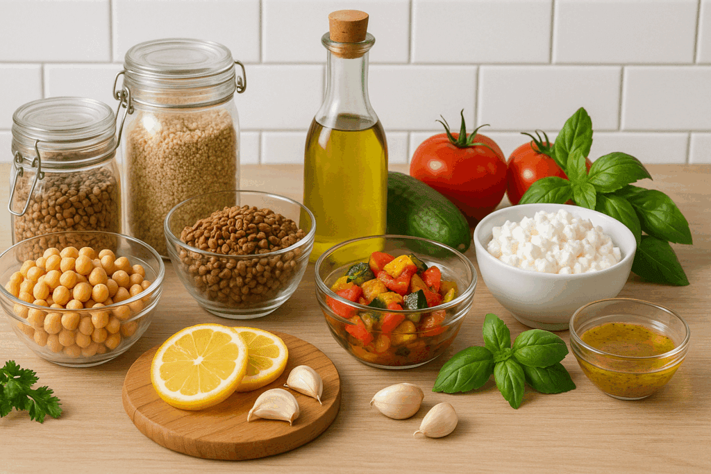 Mediterranean Diet with Olive Oil and Cottage Cheese: What to Know About Daily Intake and Healthy Choices 5 Meal prep containers with plant-based foods, olive oil, and cottage cheese supporting a modern Mediterranean diet with olive oil.