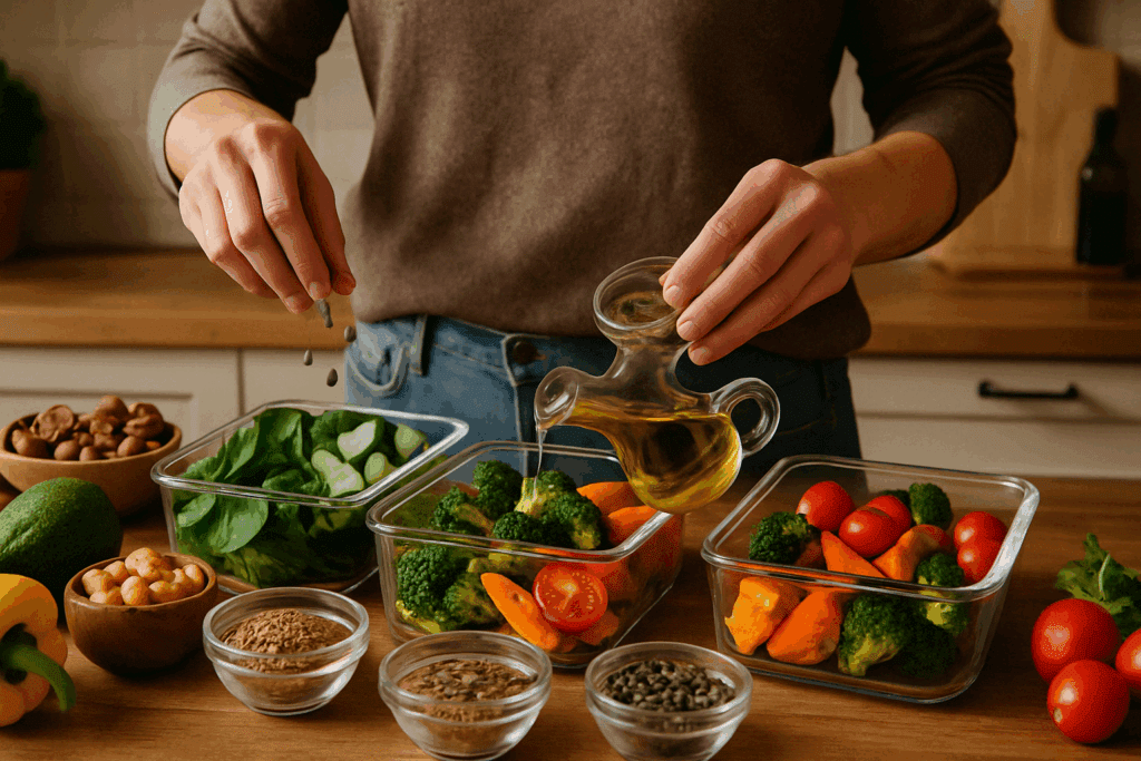 How to Build a High Fat Diet Menu for Better Health: What Science Says About a Balanced Fat Diet Plan 6 Person preparing ingredients like flaxseeds, olive oil, and avocado for a weekly high fat diet menu plan.