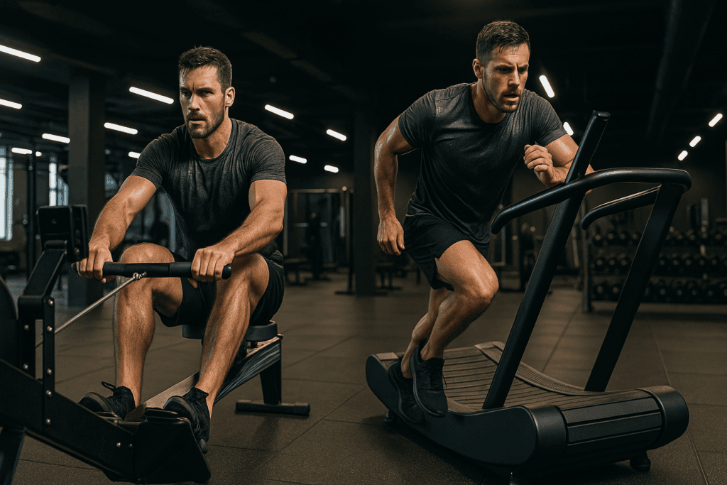 Man performing the best cardio workouts for men on a rowing machine and treadmill in a modern gym setting