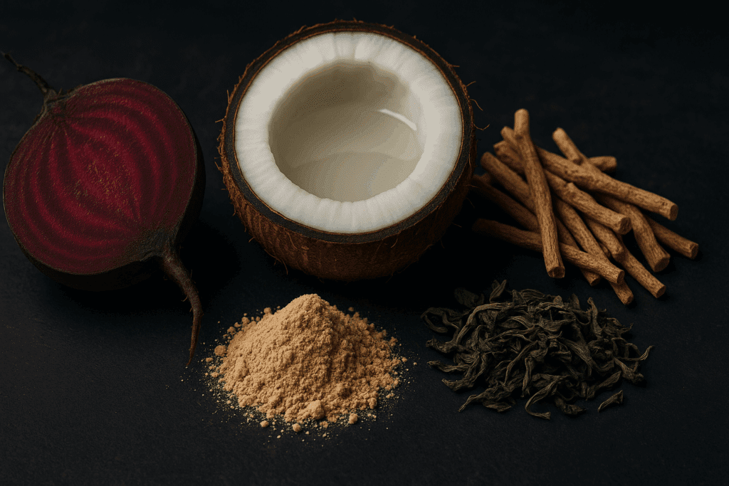 Best Pre and Post Workout Supplements to Boost Endurance and Support Peak Performance Naturally 3 Close-up of beetroot, coconut water, Rhodiola roots, ashwagandha powder, and green tea leaves—natural ingredients found in the best pre and post workout supplements.