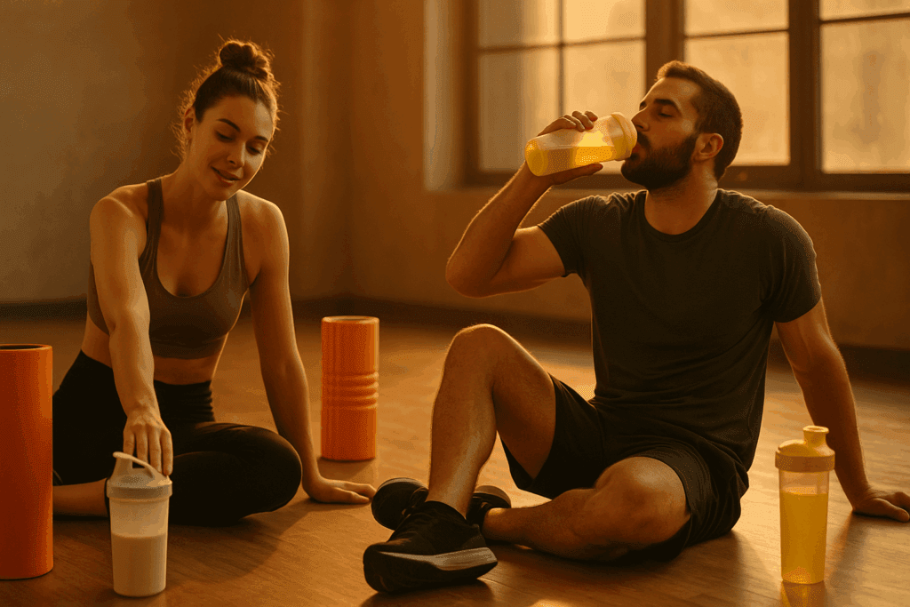 Best Pre and Post Workout Supplements to Boost Endurance and Support Peak Performance Naturally 2 Male and female athletes recovering after a workout, using foam rollers and drinking protein shakes, showcasing the best pre and post workout supplements.