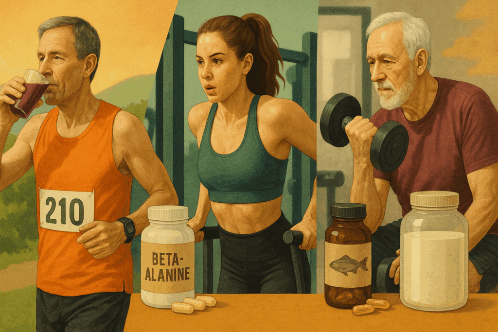 Best Pre and Post Workout Supplements to Boost Endurance and Support Peak Performance Naturally 5 Middle-aged man running with beetroot juice, a woman doing HIIT with beta-alanine, and older man weightlifting with omega-3s and protein—real-life use of best pre and post workout supplements.