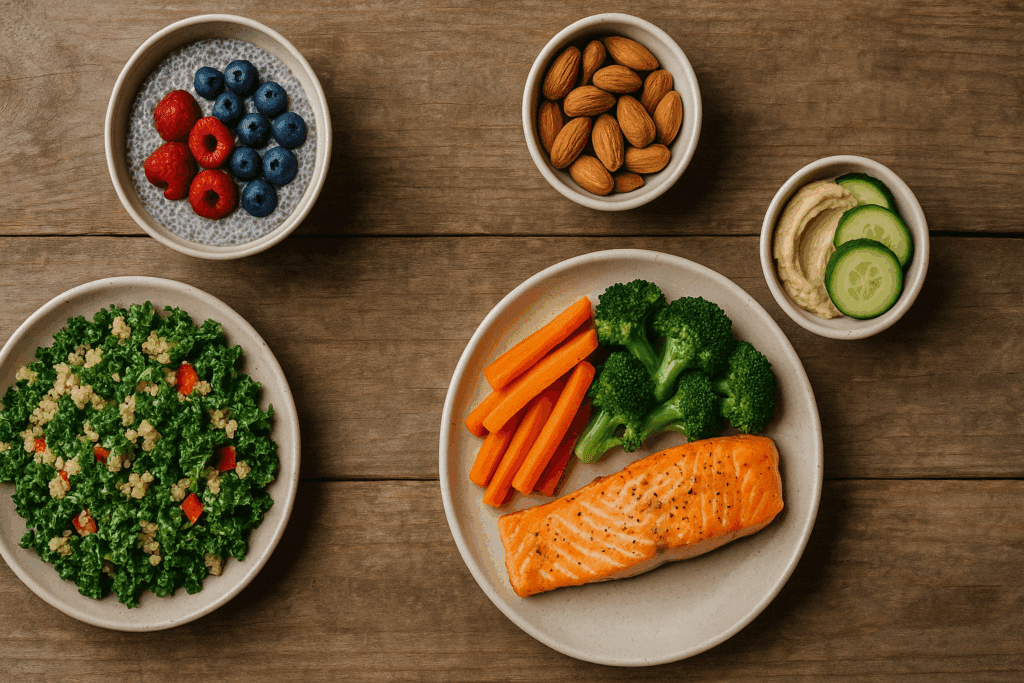 Best Sugar Detox Meal Plan for Beginners: Expert-Approved Foods and Tips to Support a Healthier Lifestyle Naturally 2 Chia pudding with berries, quinoa kale salad, salmon with steamed vegetables, and healthy snacks on a rustic table as part of the best sugar detox meal plan.