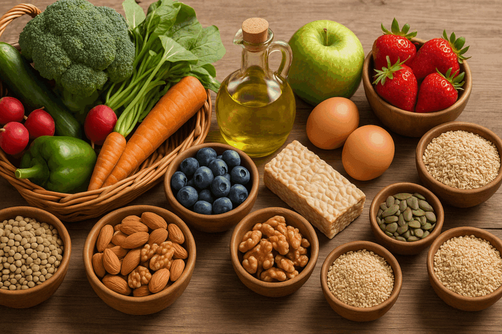 Best Sugar Detox Meal Plan for Beginners: Expert-Approved Foods and Tips to Support a Healthier Lifestyle Naturally 3 Assortment of whole foods for the best sugar detox, including fresh vegetables, berries, green apple, eggs, tempeh, nuts, seeds, and quinoa on a wooden table.