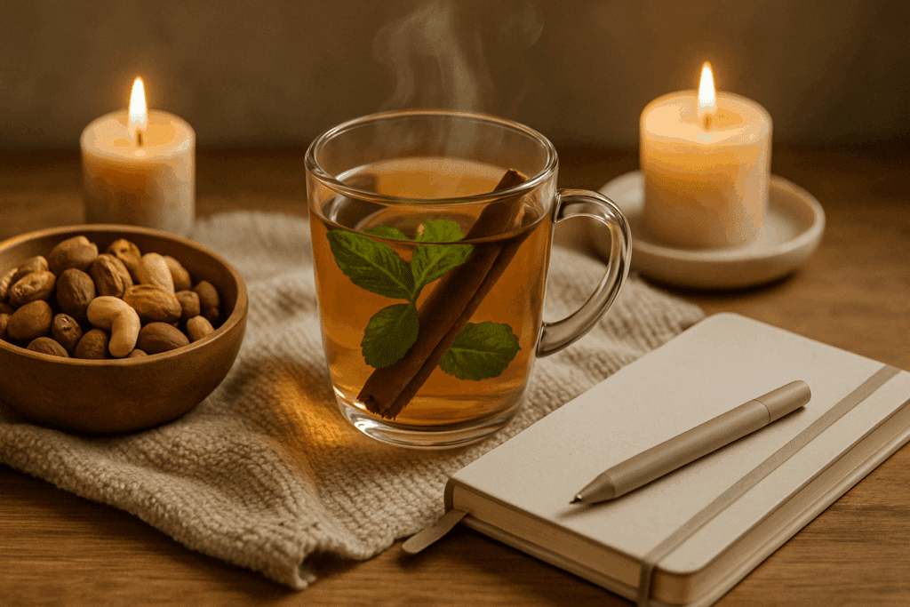 Best Sugar Detox Meal Plan for Beginners: Expert-Approved Foods and Tips to Support a Healthier Lifestyle Naturally 4 Herbal tea with cinnamon and mint, surrounded by candles, journal, and raw nuts in a serene setting for the best sugar detox routine