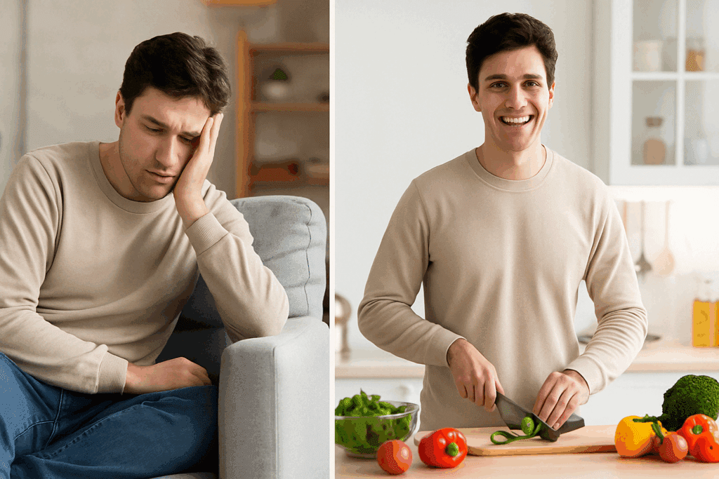 Best Sugar Detox Meal Plan for Beginners: Expert-Approved Foods and Tips to Support a Healthier Lifestyle Naturally 5 Before-and-after of a man showing fatigue versus energy while prepping vegetables, symbolizing results from the best sugar detox