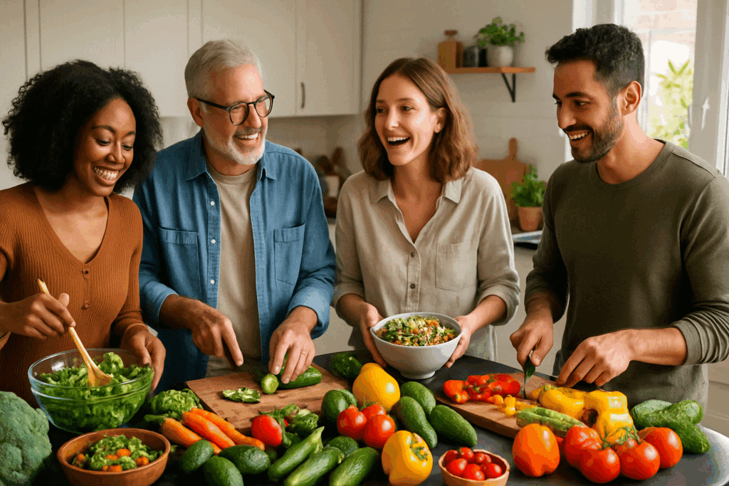 Best Sugar Detox Meal Plan for Beginners: Expert-Approved Foods and Tips to Support a Healthier Lifestyle Naturally 6 Diverse group of friends preparing colorful whole foods in a modern kitchen, highlighting the joy of community and the best sugar detox lifestyle.