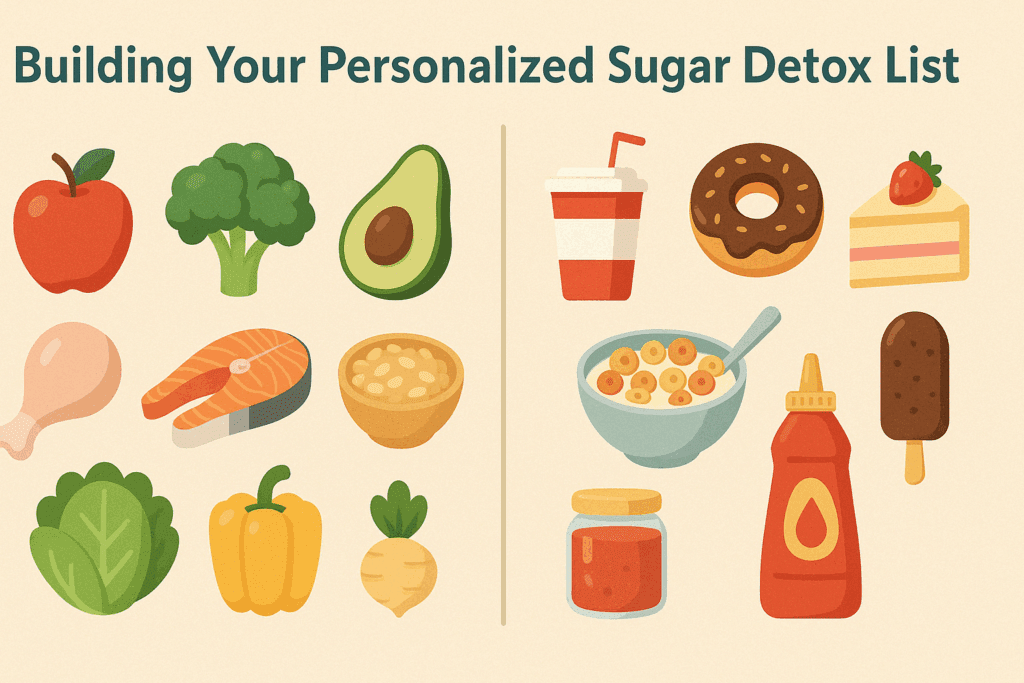 Best Sugar Detox Meal Plan for Beginners: Expert-Approved Foods and Tips to Support a Healthier Lifestyle Naturally 7 Infographic visually categorizing foods for the best sugar detox, showing icons of fruits, vegetables, grains, and proteins to include versus sugary items like soda, cake, and cereal to avoid