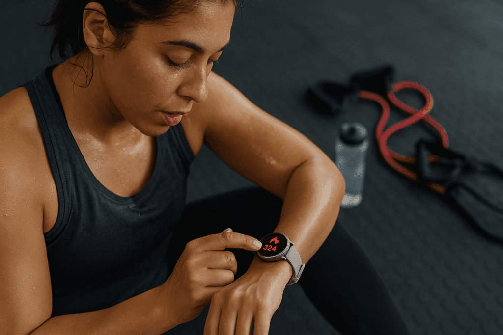 Boost Endurance and Burn Fat Smarter: How Cardiovascular Circuit Training Exercises Improve Performance and Heart Health 2 Woman cooling down after cardiovascular circuit training exercises, checking calorie burn on smartwatch beside resistance bands and water bottle.