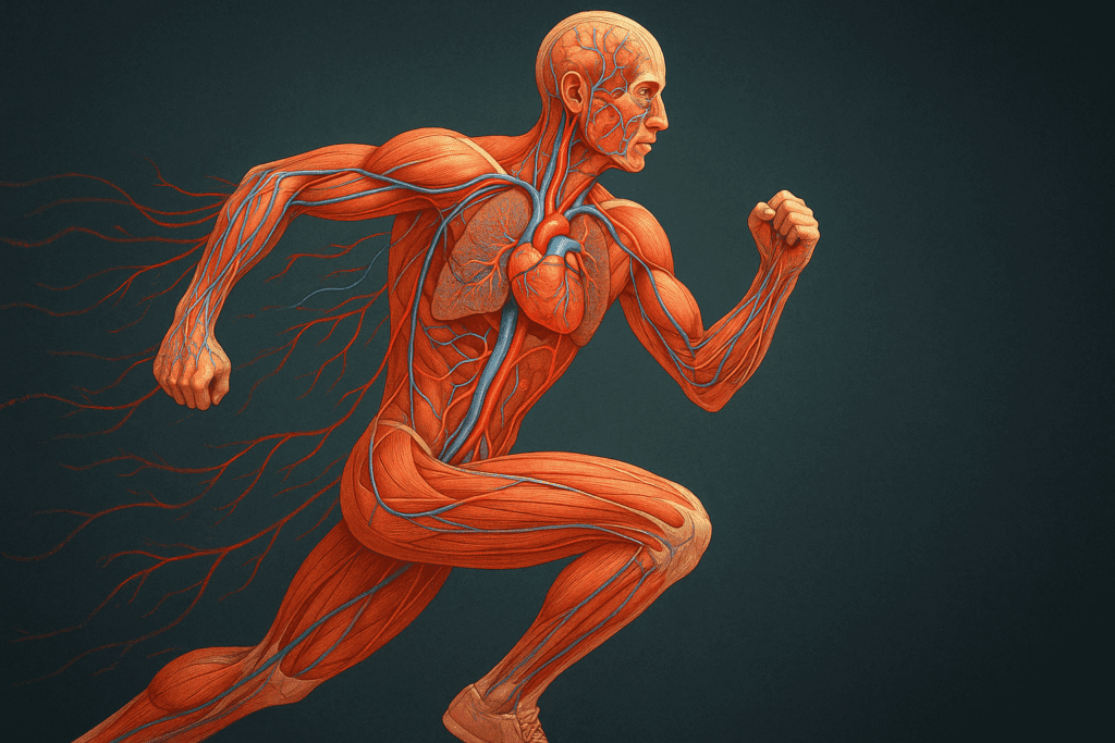 Boost Endurance and Power: How Cardiovascular and Strength Training Exercises Improve Performance and Stamina 1 Anatomical illustration of a man running, highlighting muscles and cardiovascular system to show how exercise helps boost endurance and power